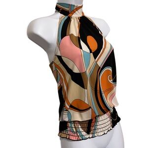 A’gaci Multi Colored Abstract Retro Print Backless Halter Neck Top Size Small.